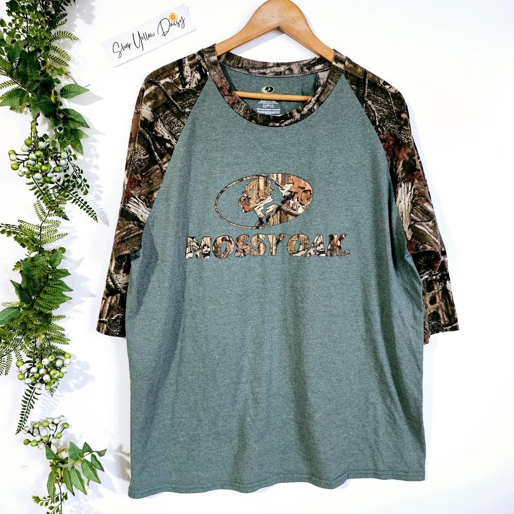 Mossy Oak‎ Raglan T-Shirt Camo Sleeve Heather Green Graphic Tee XL Hunting
